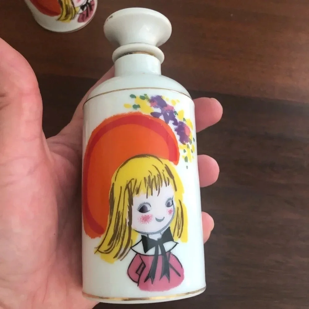 Vintage Porcelain Dresser Bottles Two Pair Schoolgirl Design Japan 1970s